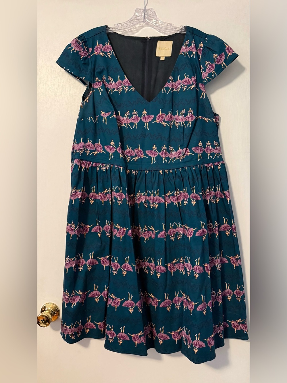 ModCloth 2X Plus Teal Dress Tea Pink Ballerina Print Girly Ballet Novelty Kitsch